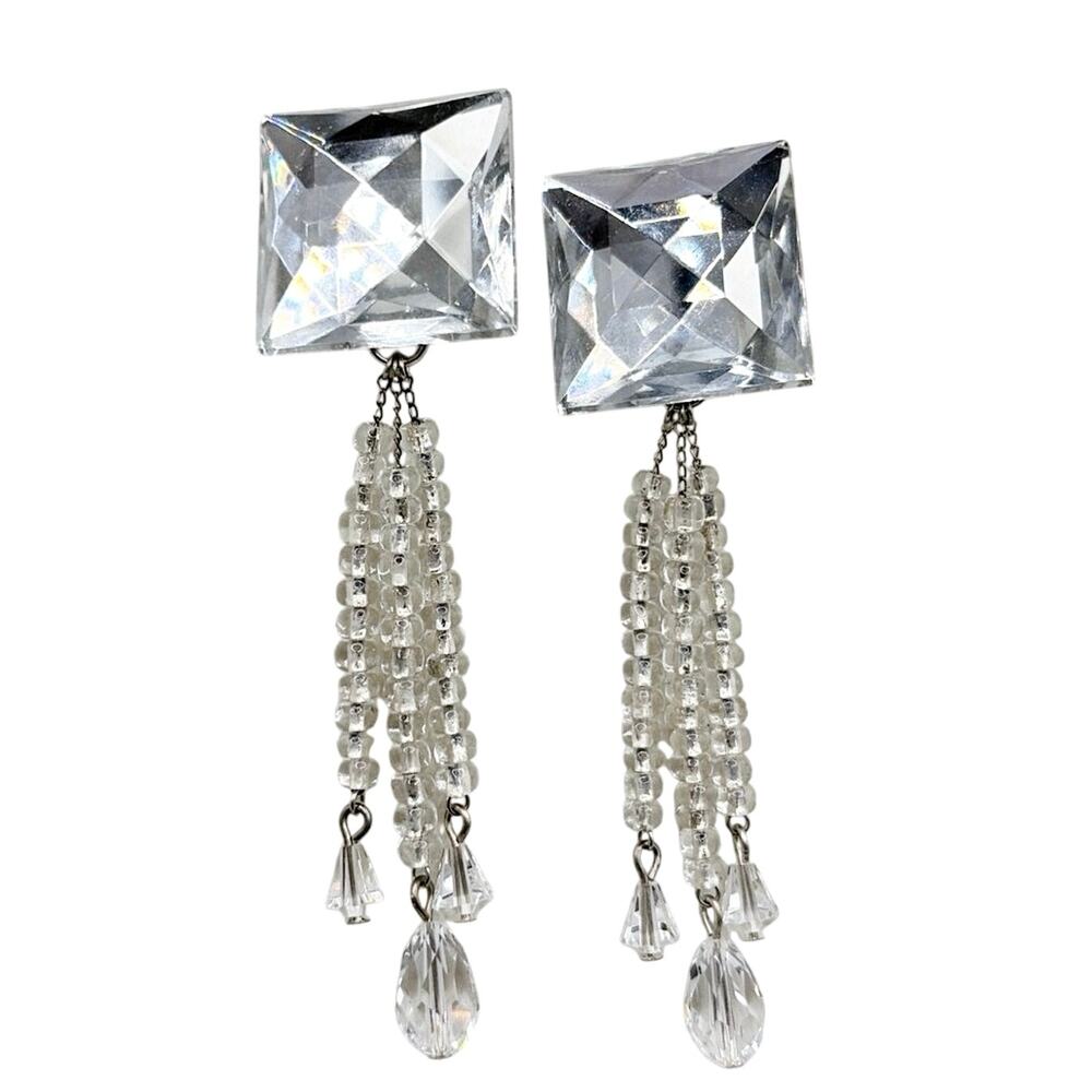 Vintage Square Crystal Rhinestones 4” Dangling Clip On Statement Earrings